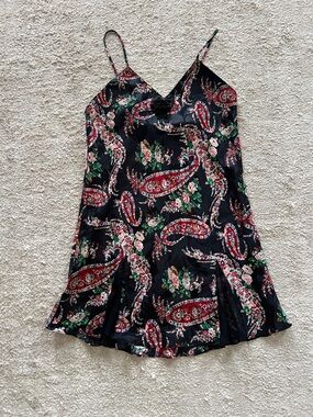 Vintage Victoria's Secret Black Mini Dress with Red Paisley & Green Floral Print